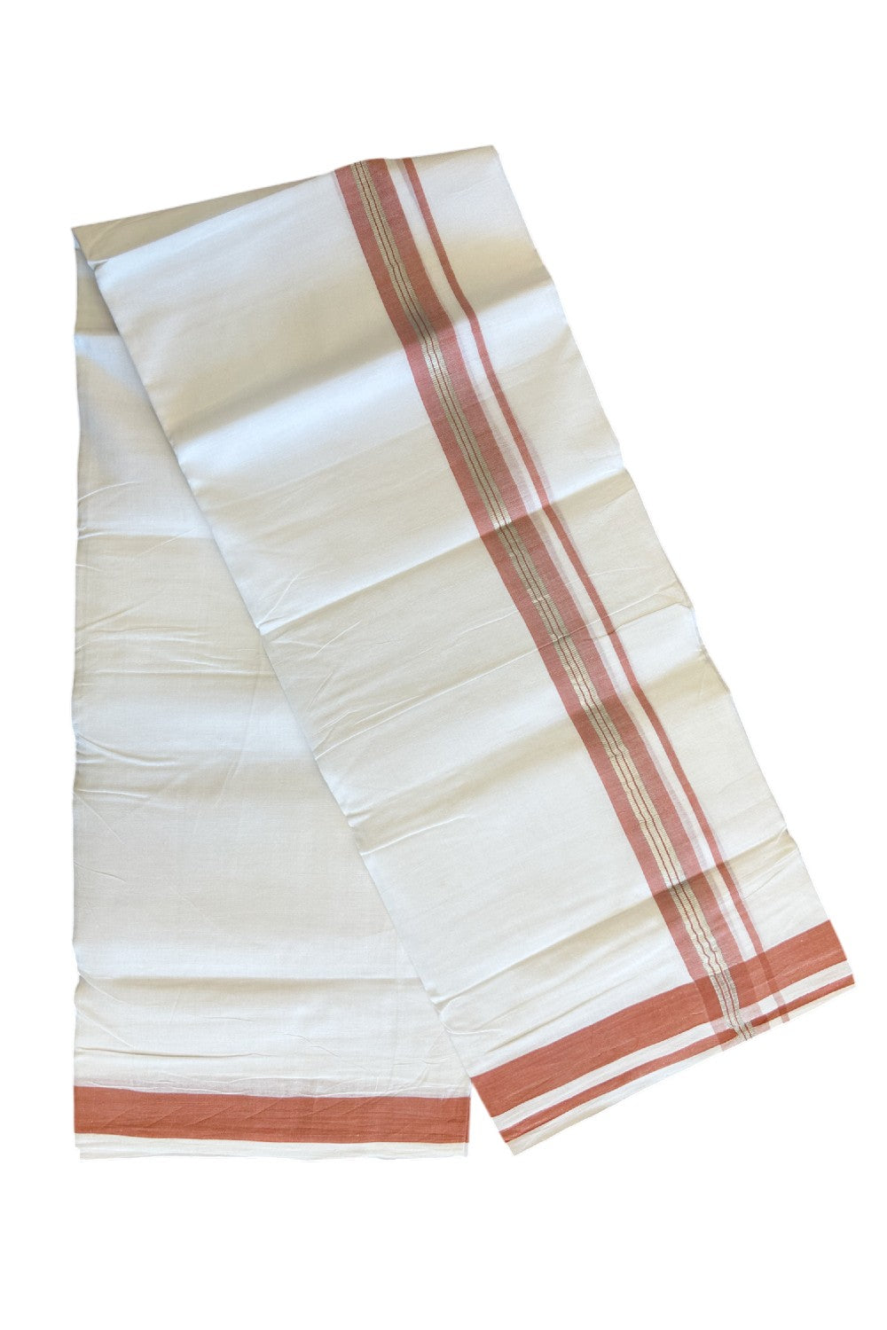 19% OFFER! KaithariKada 100% Cotton Balaramapuram HANDLOOM Double PURE WHITE Mundu/Dhoti - 1.75 inch Brick Red & Silver Kasavu Striped Kara - 1KK5086KK