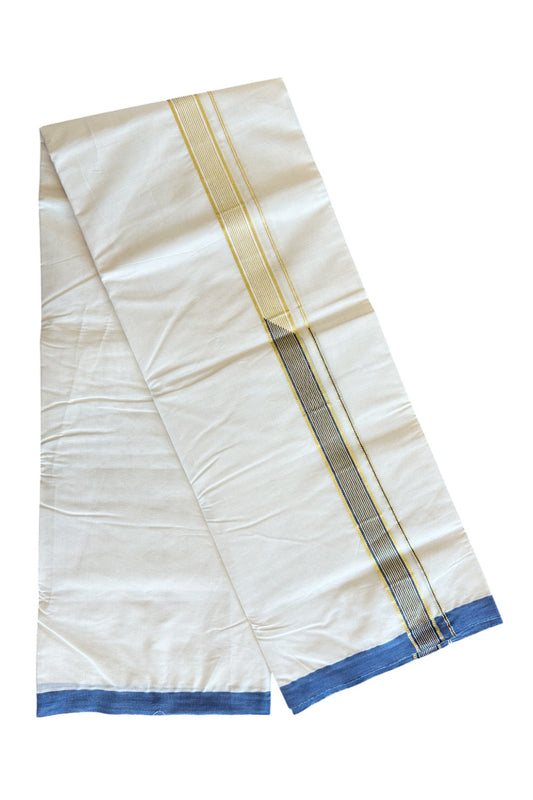 19% DISCOUNT! KaithariKada Balaramapuram 100% Cotton Double Off white - (Unbleached) Mundu/Dhoti-100x100 Chutty Heavy Designer Blue & Kasavu 1.25 inch Kara- 1KK5088ASH