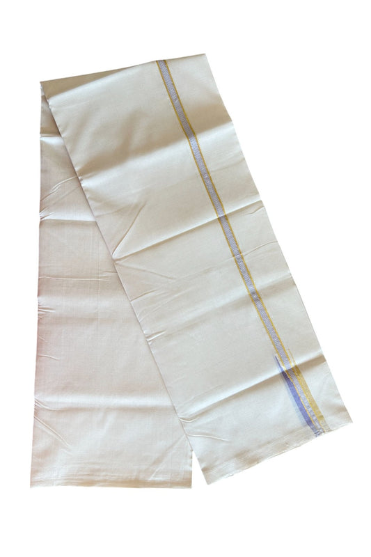 19% DISCOUNT!! KaithariKada HANDLOOM Unakkupaav Balaramapuram - 100% PURE Cotton OFF White Double - (Unbleached) Mundu/Dothi - 0.75 inch puliyilakkara Lavender & Gold Kasavu Chutty Kara- 1KK5089YAR