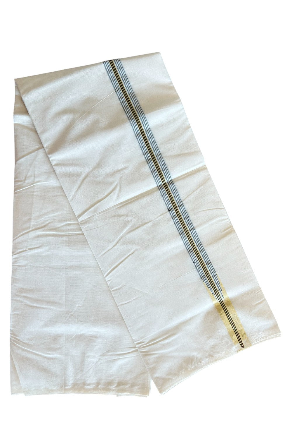 SHORT DHOTI SPECIAL! Kaitharikada.com - 26% Discount! Balaramapuram Double Off white - (Unbleached) Mundu/Dhoti - 100X100 - 1 inch Kara & 46 inches Height Puliyilakkara Chutty Gold Kasavu & Black Striped Kara - 1KK5090ASH