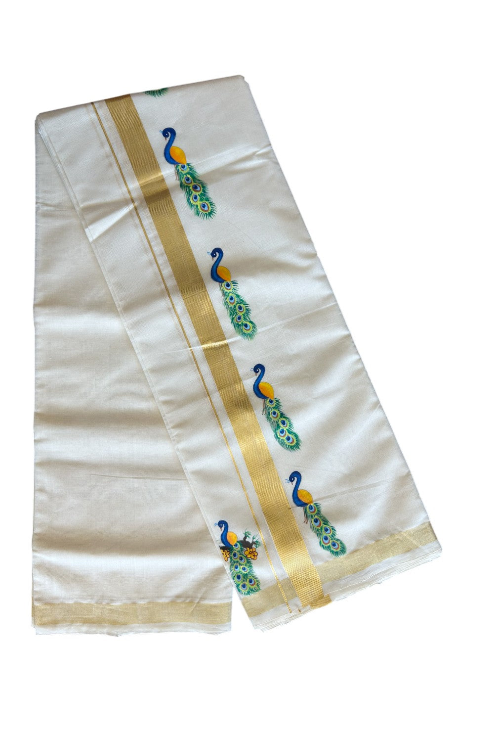 KaithariKada HANDLOOM Millpaav Balaramapuram - 100% PURE Cotton OFF White - (Unbleached) Double Mundu/Dothi - 1.75 Inch Kasavu kara Hand Painted Peacock Design - 1KK5091RAM