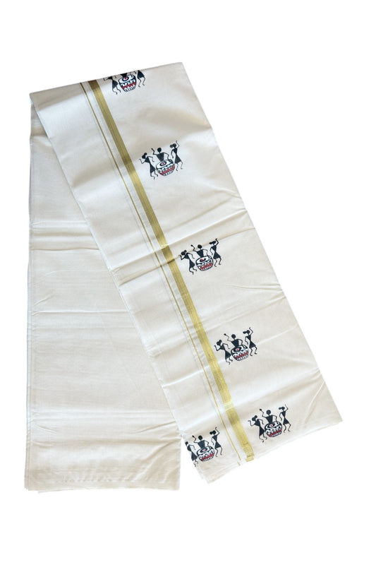 KaithariKada Balaramapuram 100% Cotton Double Off white - (Unbleached) Mundu/Dhoti - 100x80 1 inch Kasavu & Hand Painted Black Warli Design Kara 3.72 meter - 1KK5092ASH