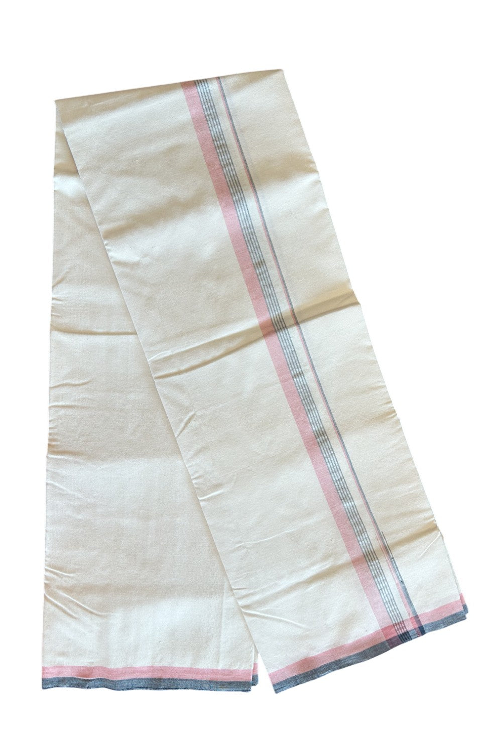 SIGNATURE KAITHARIKADA EXCLUSIVE SINGLE DHOTI - 100% Cotton Balaramapuram HANDLOOM Single Mundu/Dhoti - Off White -  (Unbleached) - 1 inch Pink Black & Silver KASAVU Striped Chutty Kara (2 meter / 4 muzham) - 1KK5094KAI