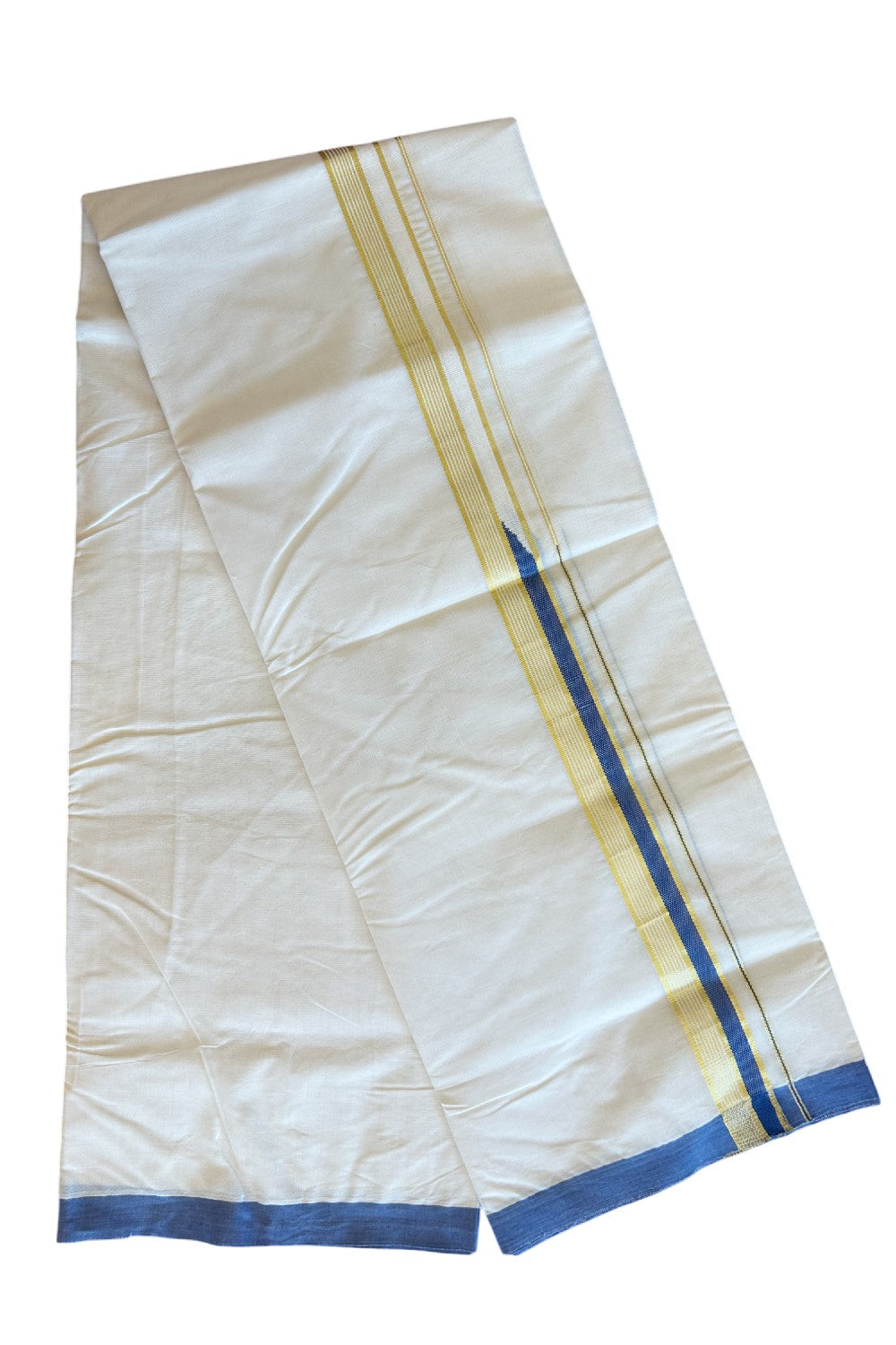 19% DISCOUNT! KaithariKada Balaramapuram 100% Cotton Double Off white - (Unbleached) Mundu/Dhoti-100x100 Chutty Heavy Designer Blue & Kasavu 1.5 inch Kara- 1KK5095ASH