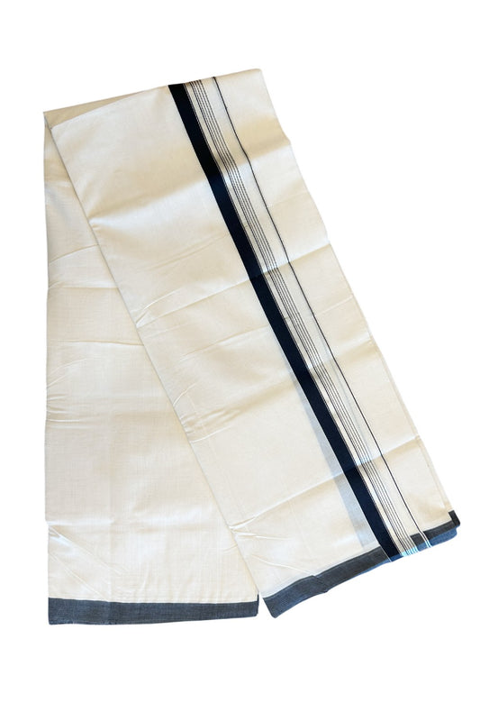 19% Discount! KaithariKada HANDLOOM UNAKKUPAAV Balaramapuram - 100% Cotton Double OFF White (Unbleached) - Mundu/Dhoti - 100x100 2.25 inch BLACK & Silver kasavu side Stripes Kara - 1KK5096YAR