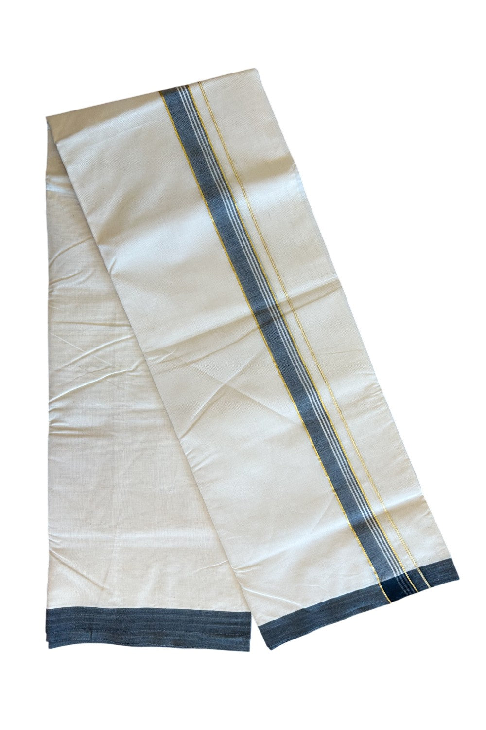 19% Discount KaithariKada Balaramapuram 100% Cotton Double Off white - (Unbleached) - Mundu/Dhoti- 100x80 - 1.75inch Gold Kasavu & Black Striped Kara 3.64 mtr (8 Muzham)- 1KK5101ASH