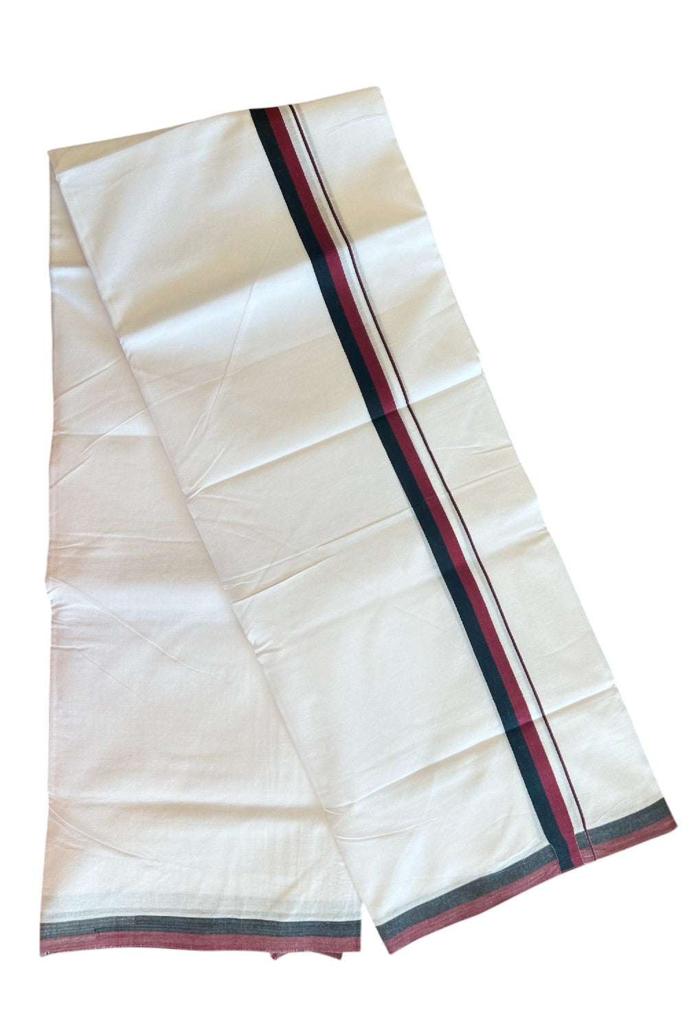 DMK Veshti - 19% DISCOUNT! KaithariKada 100% Cotton Pure white Double Mundu/Dhoti - 100X100 - 1.25 inch Black & Maroon kara - 1KK5102ASH