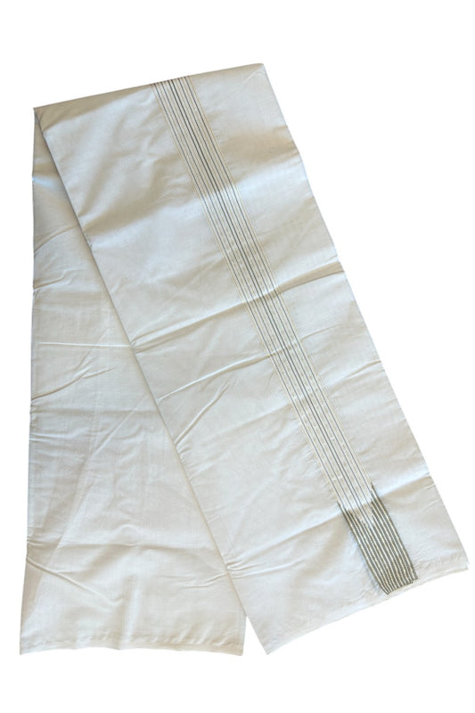 19% DISCOUNT ! KaithariKada 100% Cotton OFF WHITE Double - (Unbleached) Dhoti/Mundu- 12 Line Puliyilakkara Chutty Sand Brown & Kasavu Stripes - 1KK5104ASH