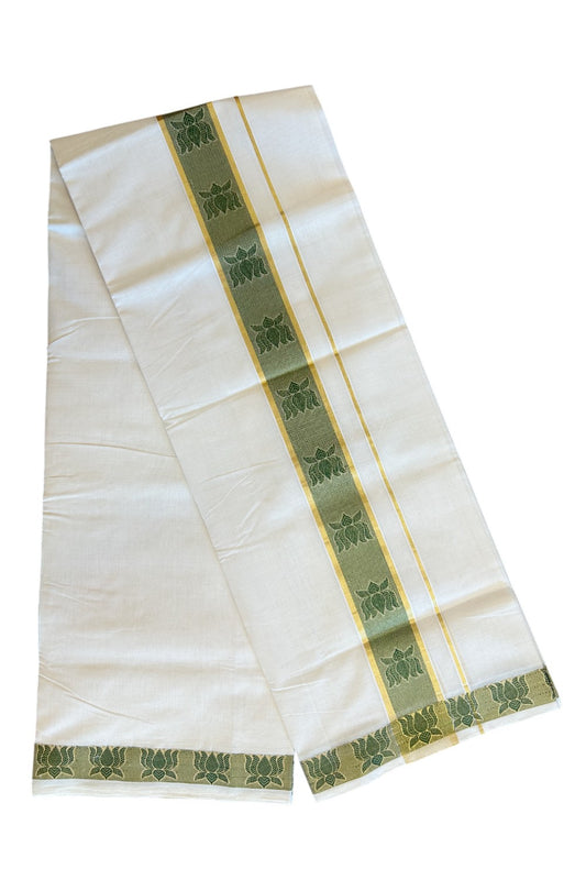 30% DISCOUNT ! KaithariKada HANDLOOM Unakkupaav Balaramapuram - 100% PURE Cotton Off White - (Unbleached) Double Mundu/Dhoti - 2.5 inch Gold Kasavu & Green Lotus Design Kara - 1KK5107ABH