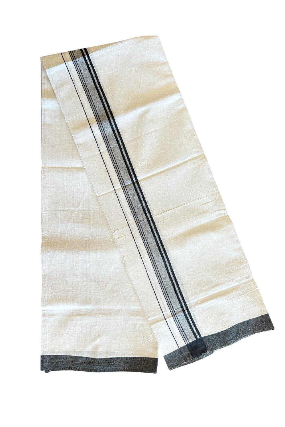 13% DISCOUNT ! KaithariKada Balaramapuram 100% Cotton Pure white Single Mundu/Dhoti - (40S) - 1.25 inch Black Striped  Kara (2 meter / 4 muzham) - 1KK5109THI