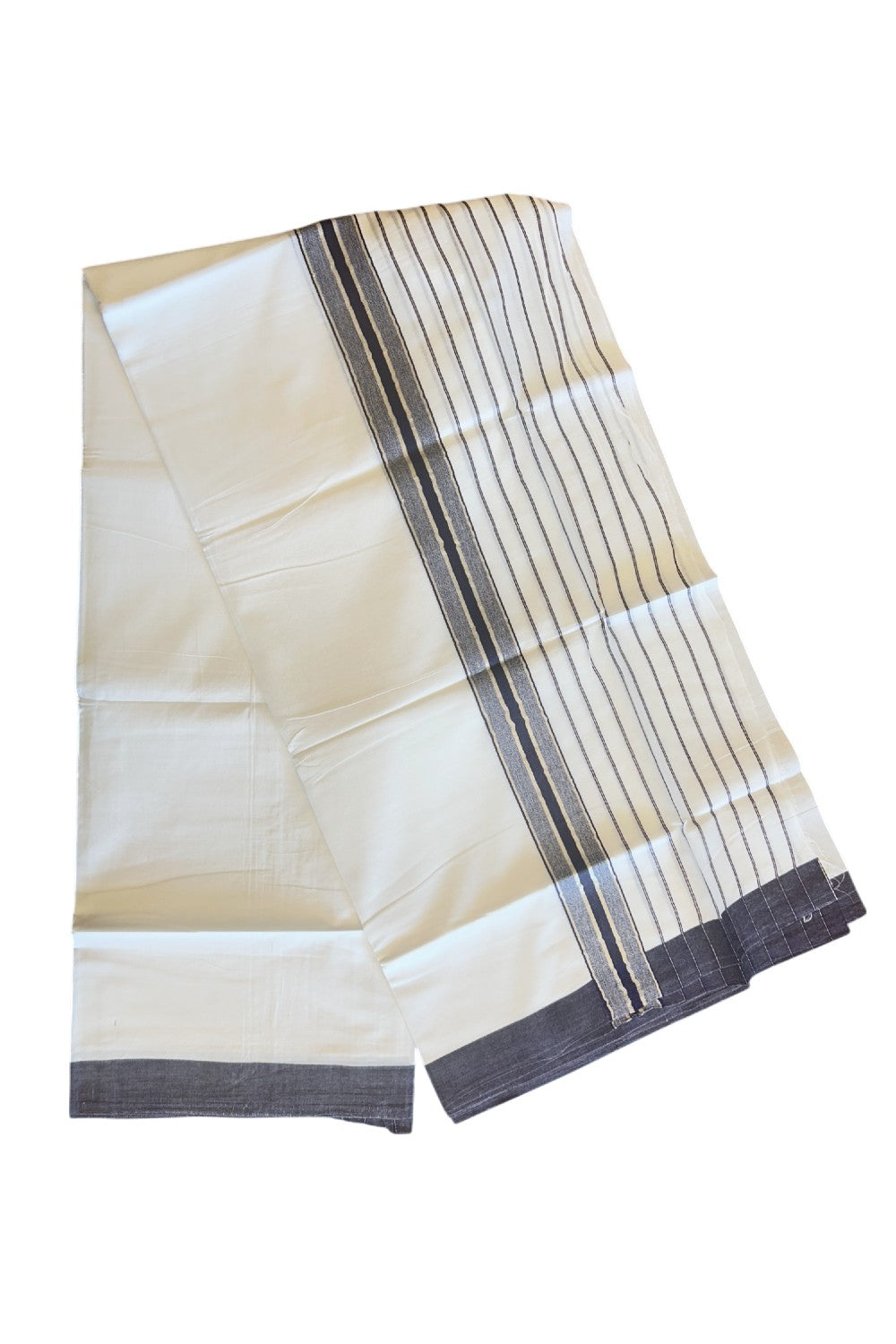 20% Discount !! KaithariKada Balaramapuram Double PURE WHITE Mundu/Dhoti- 100x80 - 7.75 inch Navy Blue & Silver Striped kara - 3.90 mtr - 1KK5112PMC