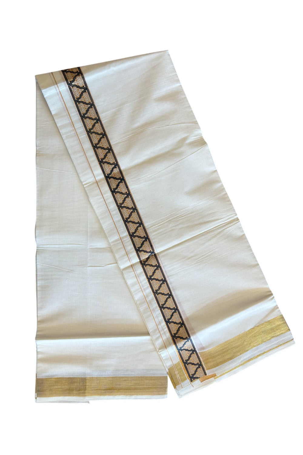 20% DISCOUNT ! KaithariKada Balaramapuram Mixed Cotton OFF White (Unbleached) Double  Mundu/Dhoti - 80x80 Thread Mixed Cotton - 2 inch Gold kasavu & Black designer kara - 1KK5113PMC