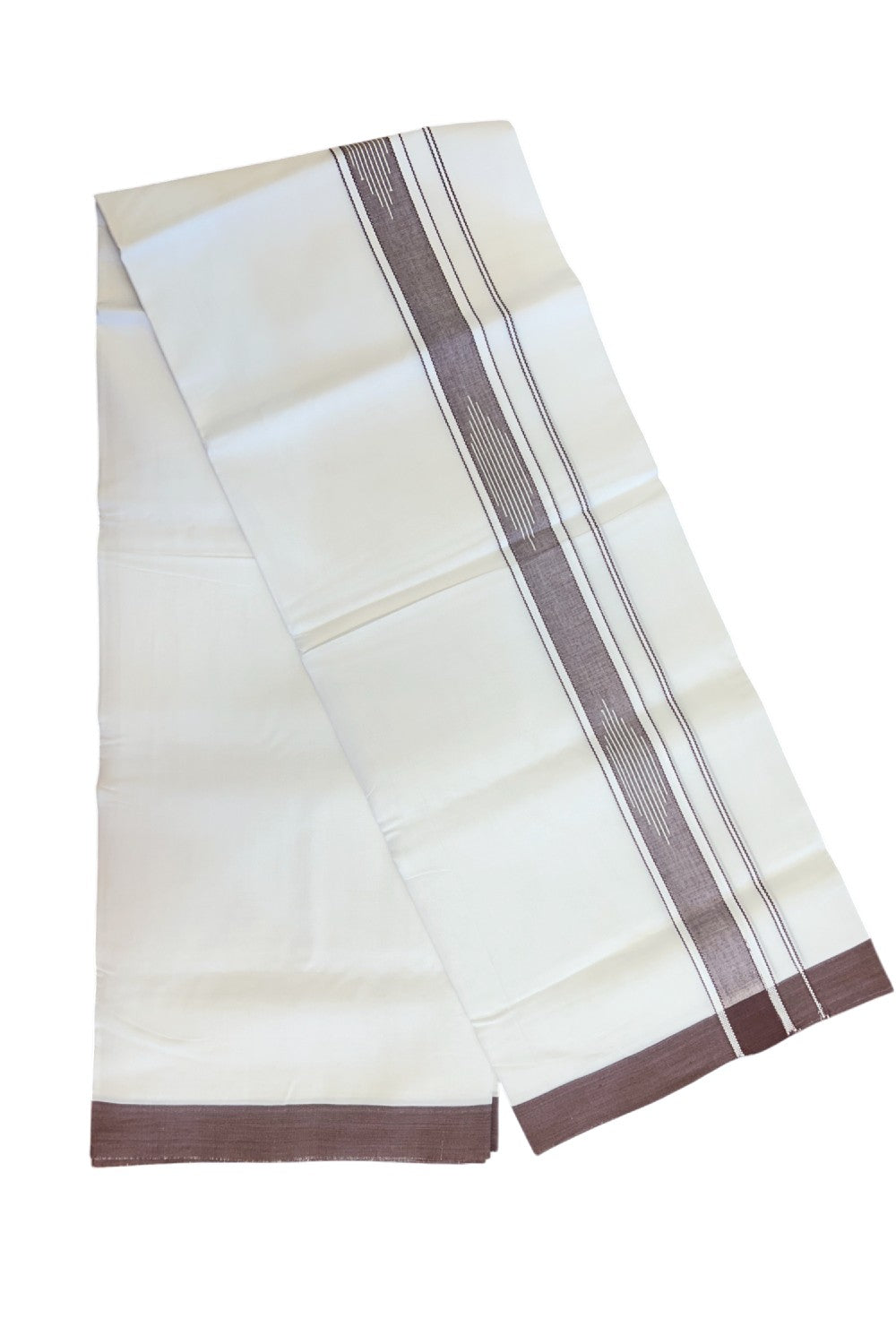 20% DISCOUNT! KaithariKada Balaramapuram 100% Cotton PURE WHITE Double Mundu/Dhoti-100x80 2.25 inch DARK BROWN shaded designer kara - 1KK5116MR