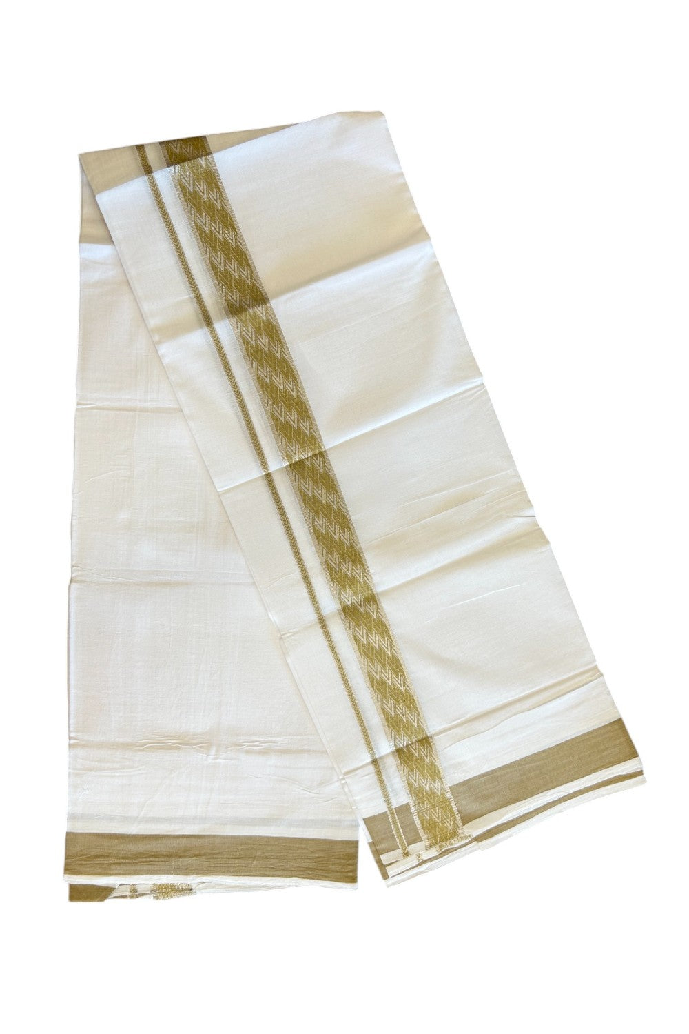 20% DISCOUNT! KaithariKada Balaramapuram 100% Cotton Double PURE white Mundu/Dhoti - 100x80 - 2 Inch Silver kasavu Sand Brown jacquard pattern Kara - 1KK5118PMC