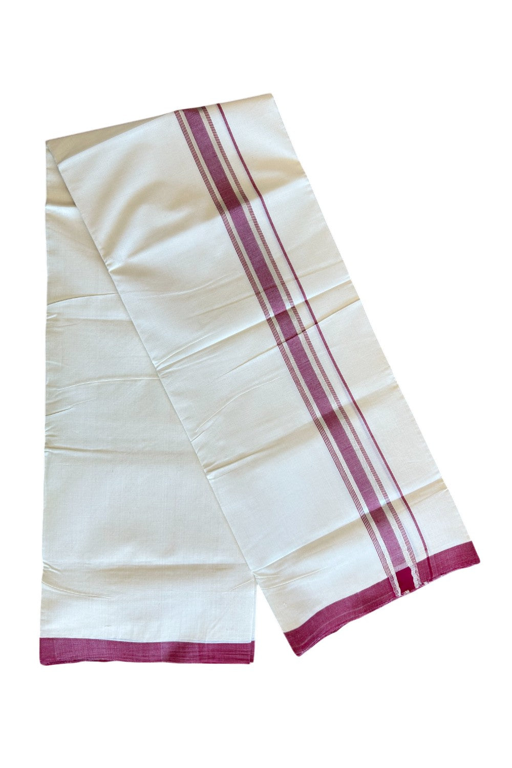 30% Discount! KaithariKada HANDLOOM MILLPAAV Balaramapuram - 100% Cotton Double OFF White (Unbleached) - Mundu/Dhoti - 100x100 2 inch Maroon & Silver kasavu side Stripes Kara - 1KK5119YAR