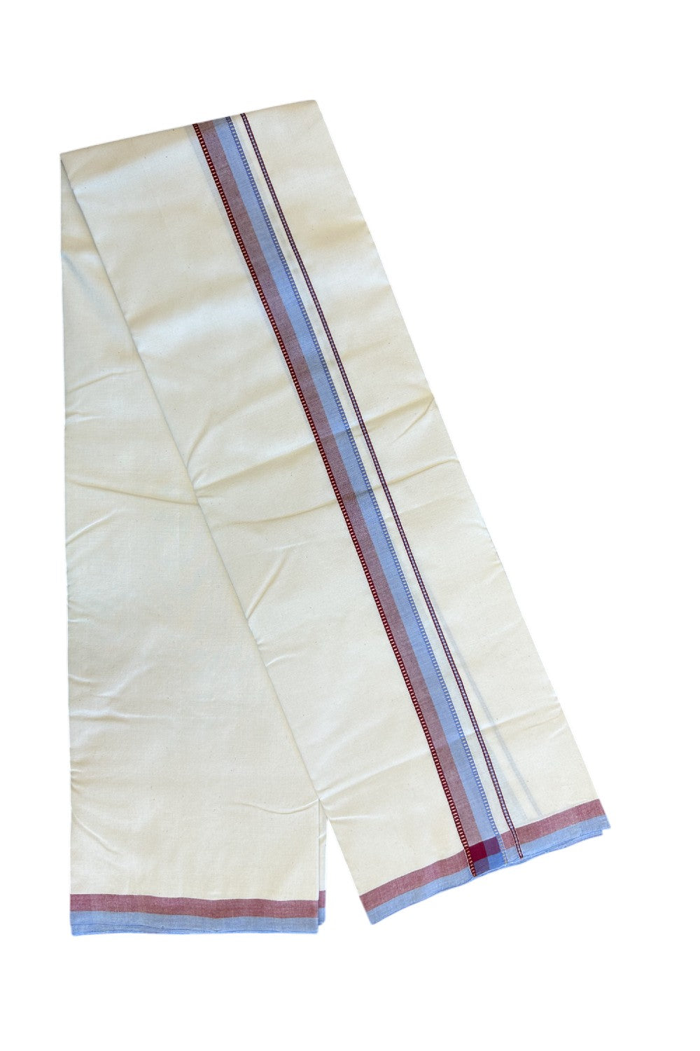 SIGNATURE KAITHARIKADA EXCLUSIVE SINGLE DHOTI - 30% Discount!!  100% Cotton Balaramapuram HANDLOOM Single Mundu/Dhoti - Off White - (Unbleached) 1.25 inch Lavender Blue & Maroon Kasavu Muthukuri Kara (1.75 meters /4 muzham) - 1KK5124KAI