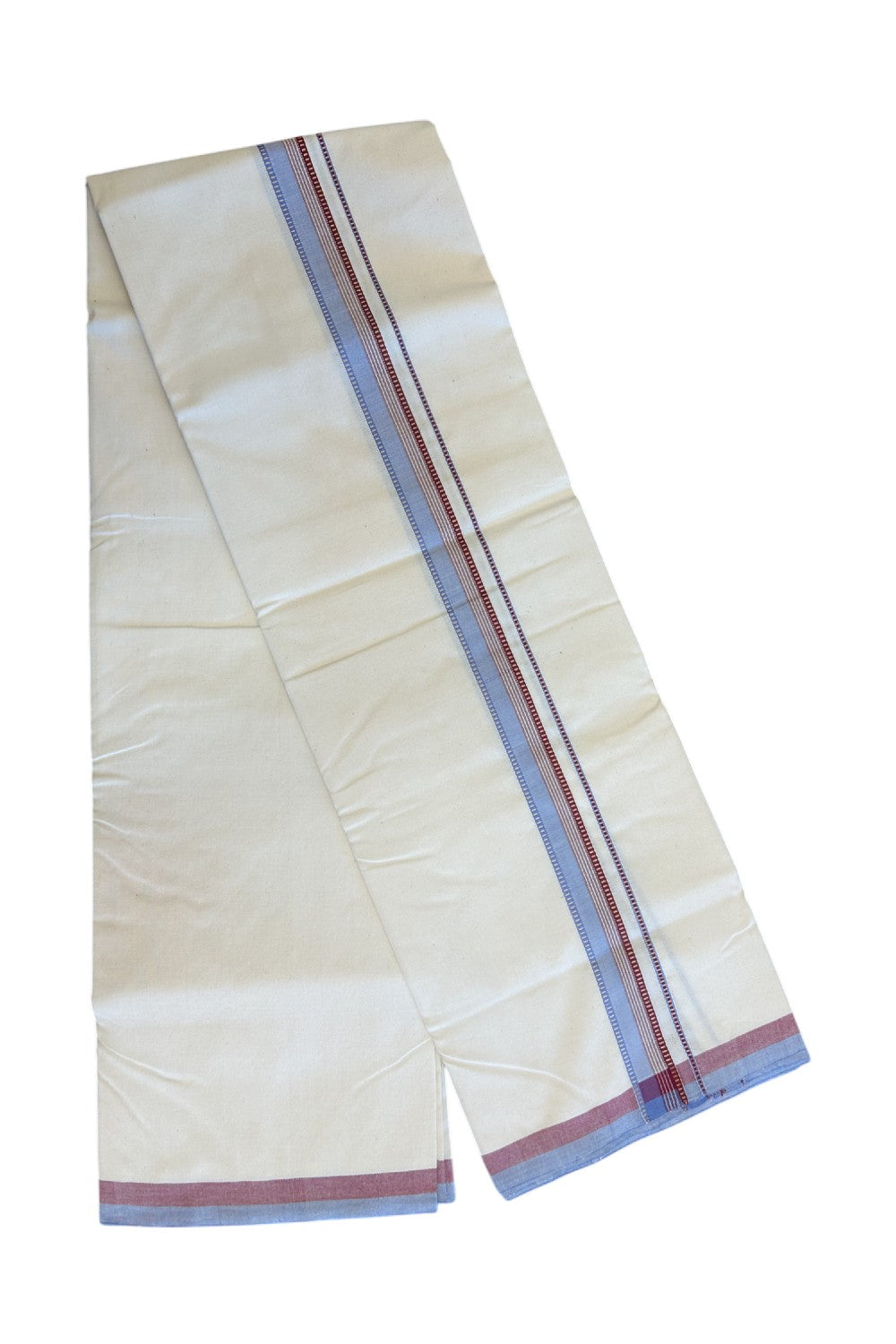 SIGNATURE KAITHARIKADA EXCLUSIVE SINGLE DHOTI - 30% Discount!!  100% Cotton Balaramapuram HANDLOOM Single Mundu/Dhoti - Off White - (Unbleached) 1 inch Lavender Blue & Maroon Kasavu Muthukuri white striped Kara (1.72 meters /4 muzham) - 7KK5131KAI