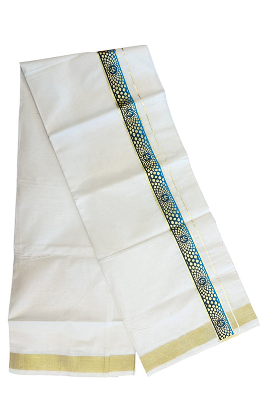 19% Discount !! KaithariKada Balaramapuram 100% Cotton Double Off white - (Unbleached) Mundu/Dhoti-100X80- 1.5 inch Hand Painted Kasavu Peacock Blue & Black OHM Design Kara- 1KK5135GAN