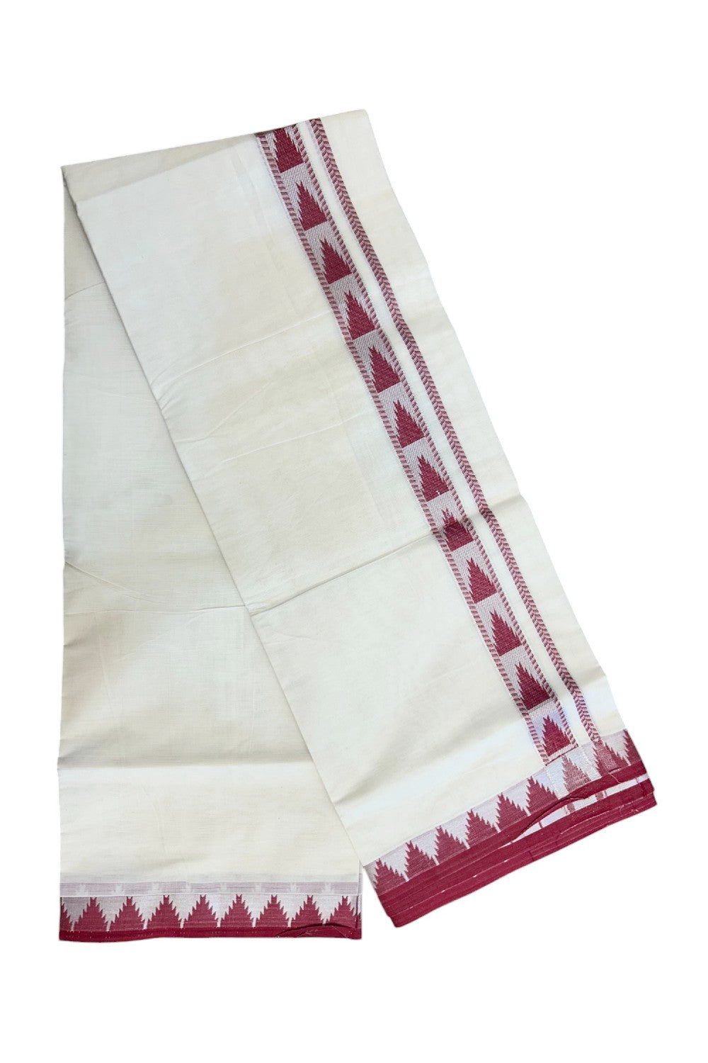 20% DISCOUNT ! KaithariKada Balaramapuram 100% Cotton Double off white  (Unbleached) Mundu/Dhoti - 100X90 - 1.5 inch Silver kasavu & Magenta Red Temple design kara - 1KK5147PMC