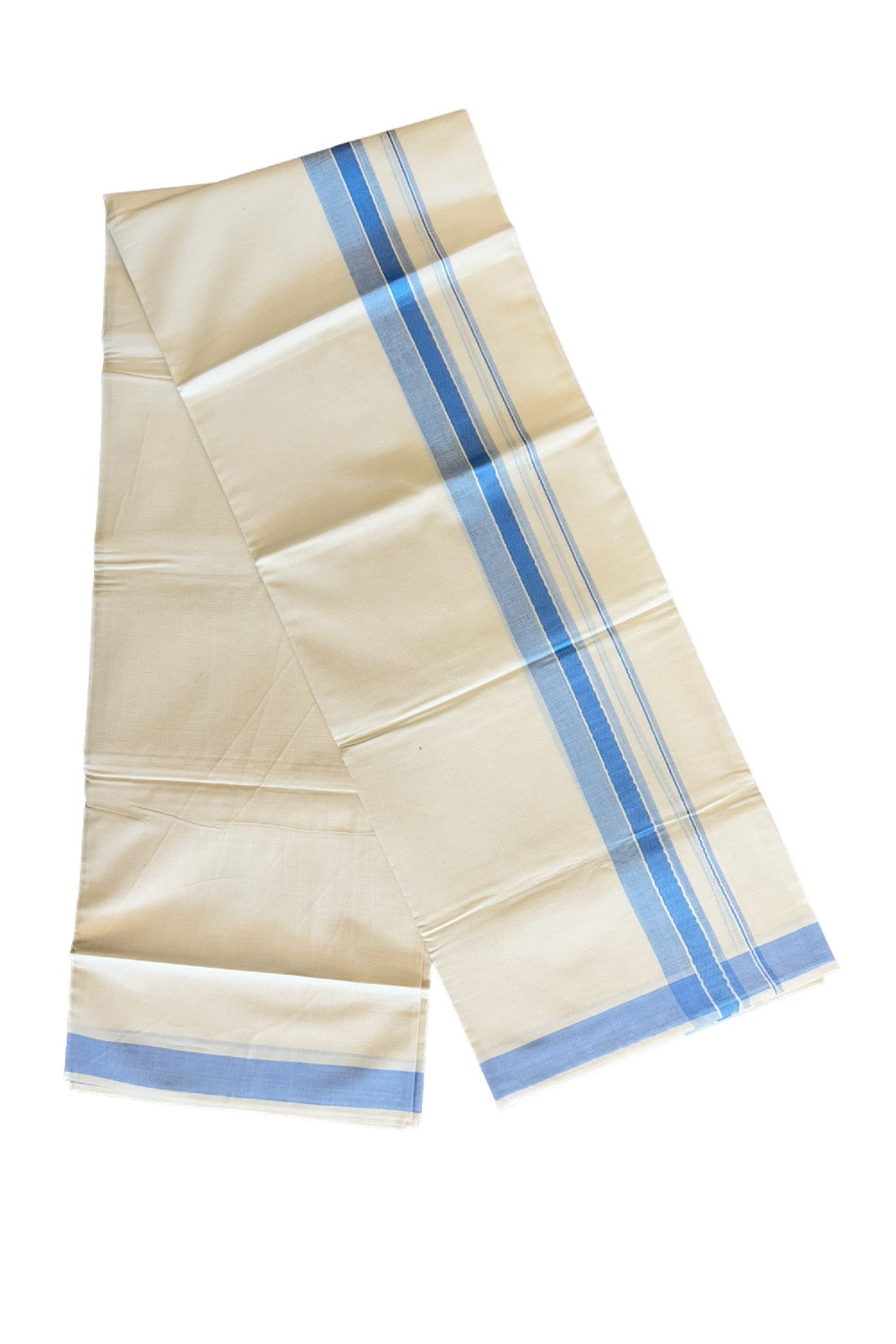 21% DISCOUNT ! KaithariKada Balaramapuram 100% Cotton Double Off white Mundu/Dhoti-100X100-1.5 inch SKY BLUE & WHITE KARA Kara-1KK76MC .