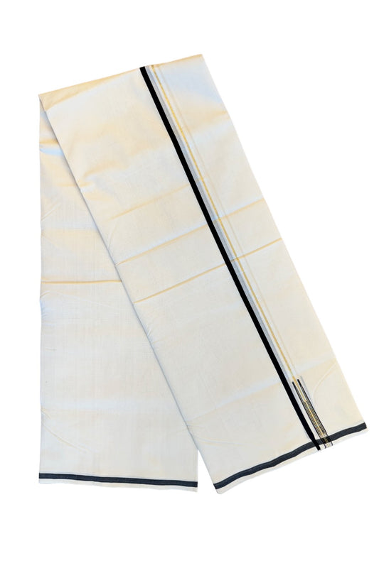 21% DISCOUNT!! KaithariKada HANDLOOM Unakkupaav Balaramapuram - 100% PURE Cotton OFF White (Unbleached) Double Mundu/Dothi - Black & kasavu puliyilakkara Chutty - 1KK86RAM