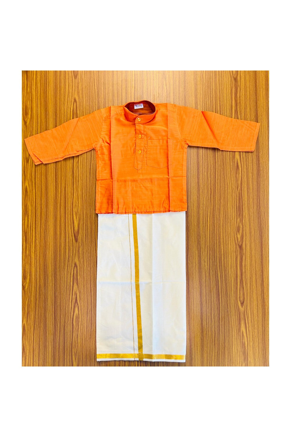 10% DISCOUNT !!! Yuvraj-Traditional South Indian Kids Cotton kurta & Dhoti- Orange kurta Off white Kasavu Dhoti Age 2 - 1KK94YUV2.