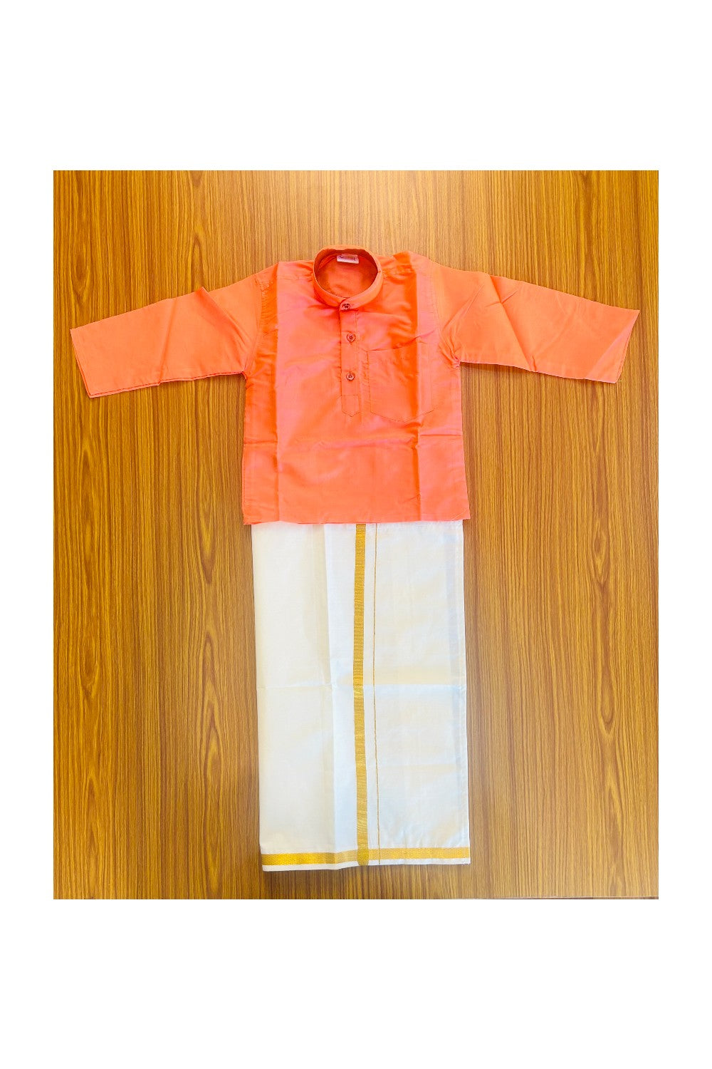 10% DISCOUNT !!! Yuvraj-Traditional South Indian Kids Silk Kurta & Dhoti- PEACH Kurta Off white Kasavu Dhoti Age 2- 1KK95YUV2.