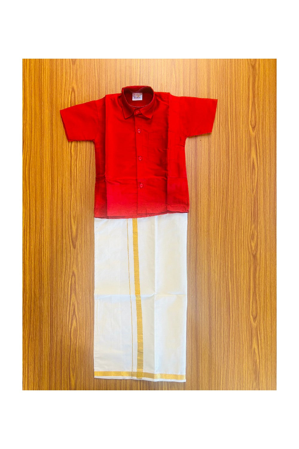 10% DISCOUNT !!! Yuvraj-Traditional South Indian Kids Silk Shirt & Dhoti- Red Shirt Off white Kasavu Dhoti Age 2 - 1KK96YUV2.