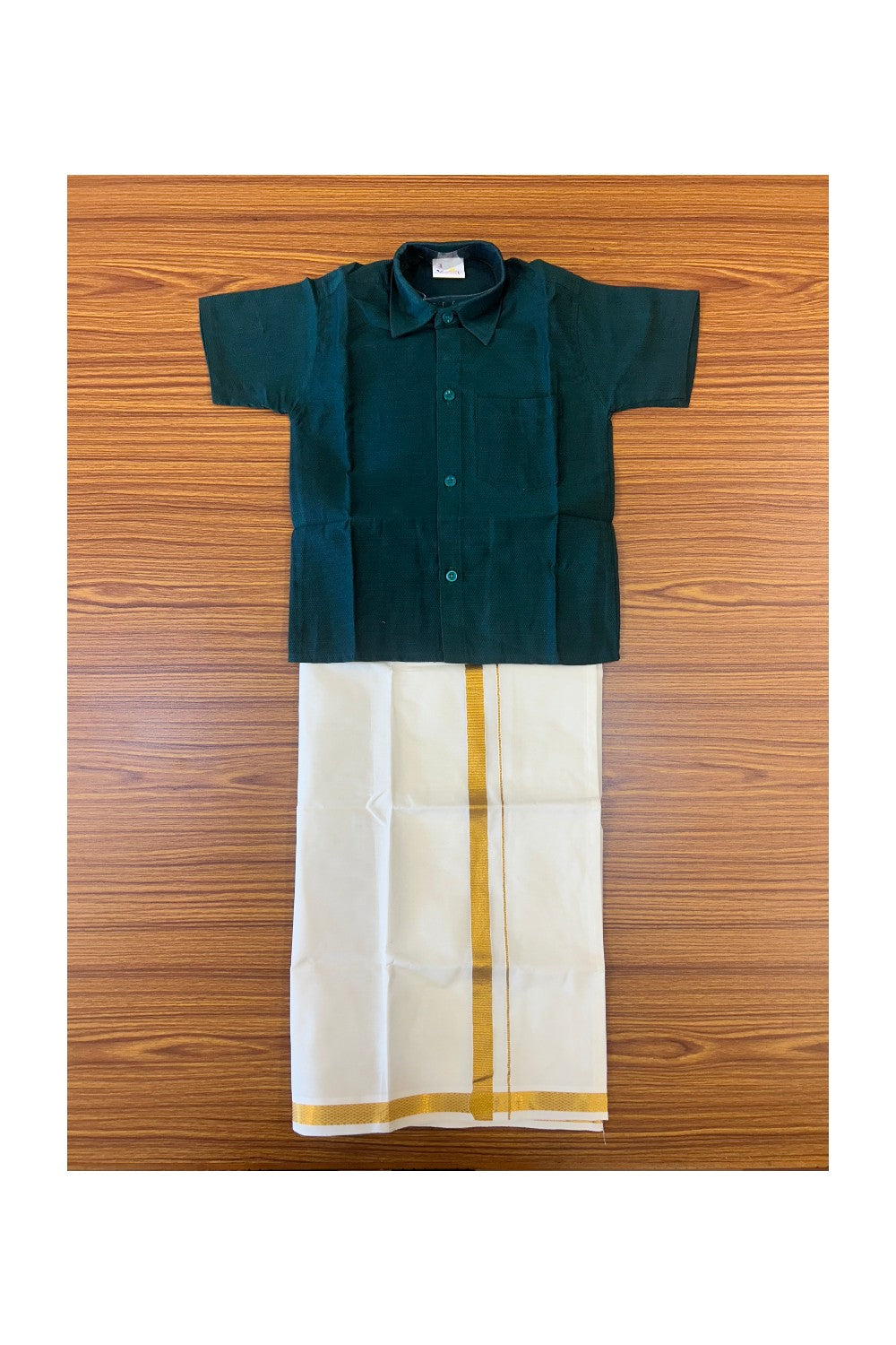 10% DISCOUNT !!! Yuvraj-Traditional South Indian Kids Shirt & Dhoti- Dark green Shirt Off white Kasavu Dhoti Age 3 - 1KK99YUV3.