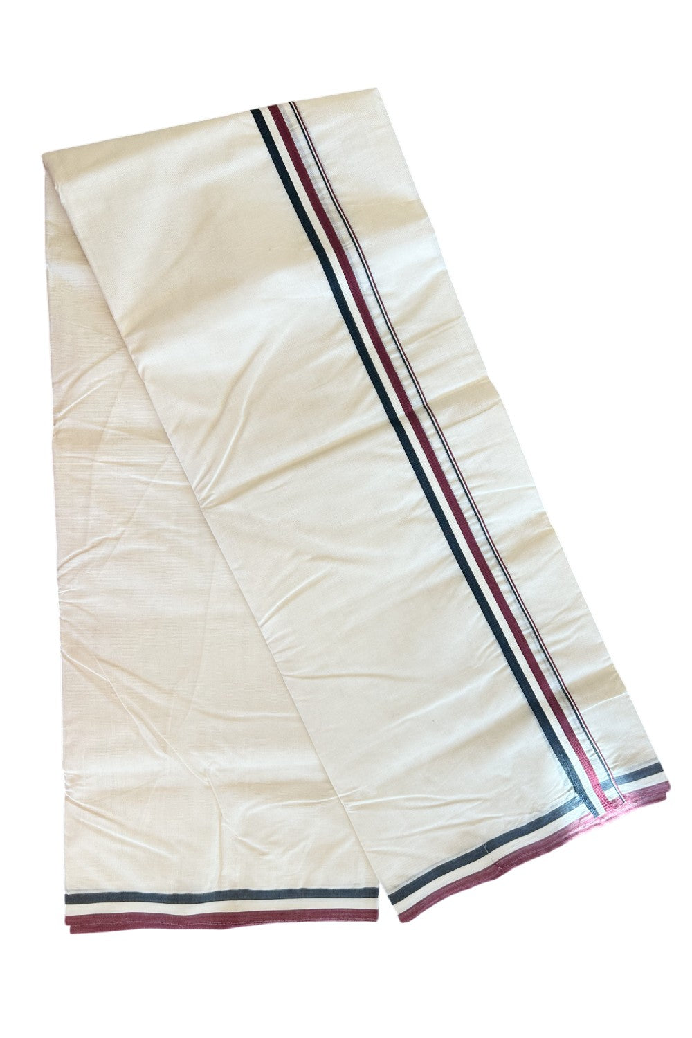 19% DISCOUNT! KaithariKada 100% Cotton off white Double - (Unbleached) Mundu/Dhoti - 100X100 - 1.25 inch Black White & Maroon kara - 1KK5076ASH