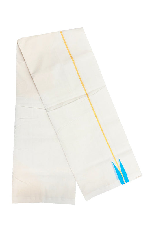 15% DISCOUNT! KaithariKada BALARAMAPURAM HANDLOOM Millpaav- 100% PURE Cotton 100x100 Double Mundu/Dhoti OFF WHITE (Unbleached) - PULIYILAKKARA Gold  Kasavu & Sky Blue 3.cm Chutty KARA-1RAM24.