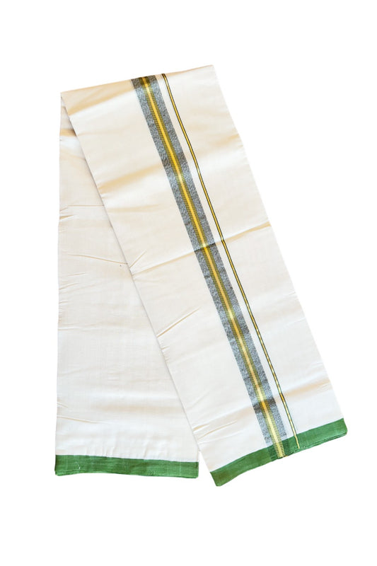 15% DISCOUNT!! KaithariKada HANDLOOM Unakkupaavu Balaramapuram - 100% PURE Cotton Off White (Unbleached) Double Mundu/Dhoti - 0.5 inch GREEN Kasavu Stripes & Gray Shaded Border-KK46SOM-1.