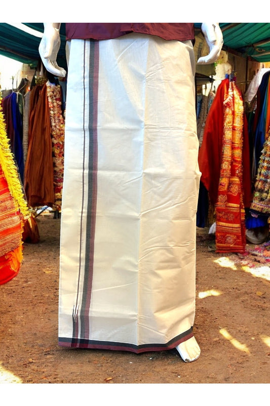 DMK Veshti - 21% Discount !! KaithariKada Balaramapuram Double Off white - (Unbleached) Mundu/Dhoti - 100X100 - 1.15 inch Puliyilakkara Maroon & Black  Chutty Kara - 10KK5074ASH