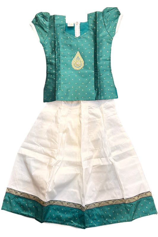 Midukki-Traditional South Indian Kids Pattu Pavada- Green top offwhite skirt with green border - Age 8 - KK8MID001