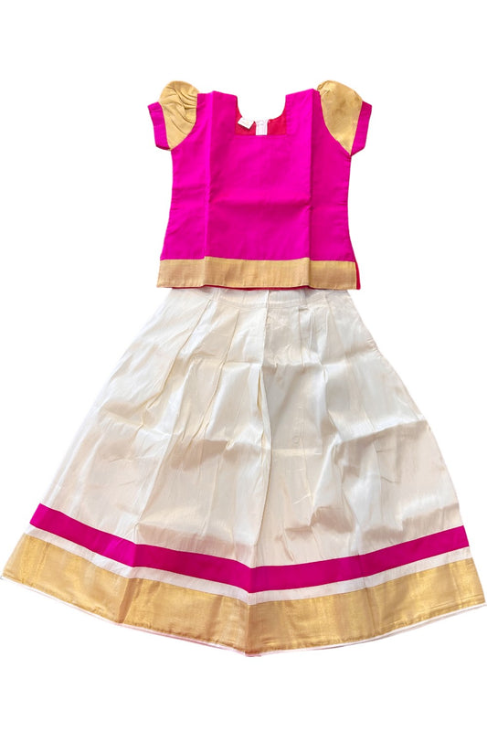 Midukki-Traditional South Indian Kids Pattu Pavada- Magenta top offwhite skirt with kasavu - Age 10 - KK10MID001