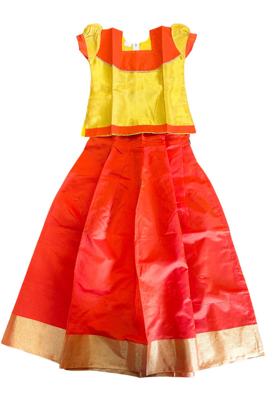 Midukki-Traditional South Indian Kids Pattu Pavada- Yellow tissue top orange skirt- Age 12 - KK12MID001