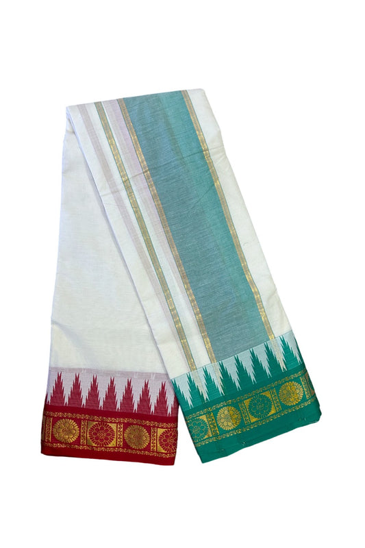 36% DISCOUNT! KaithariKada  Cotton Mix .Off White - (Unbleached)  80x80 thread - 80% Cotton & 20 Polyester -NORTH INDIAN  ATTACHED GAMCHA 9X5 Dhoti 6 inch Green Kasavu kara with Red Green Kasavu border  - 1KK5005PMC