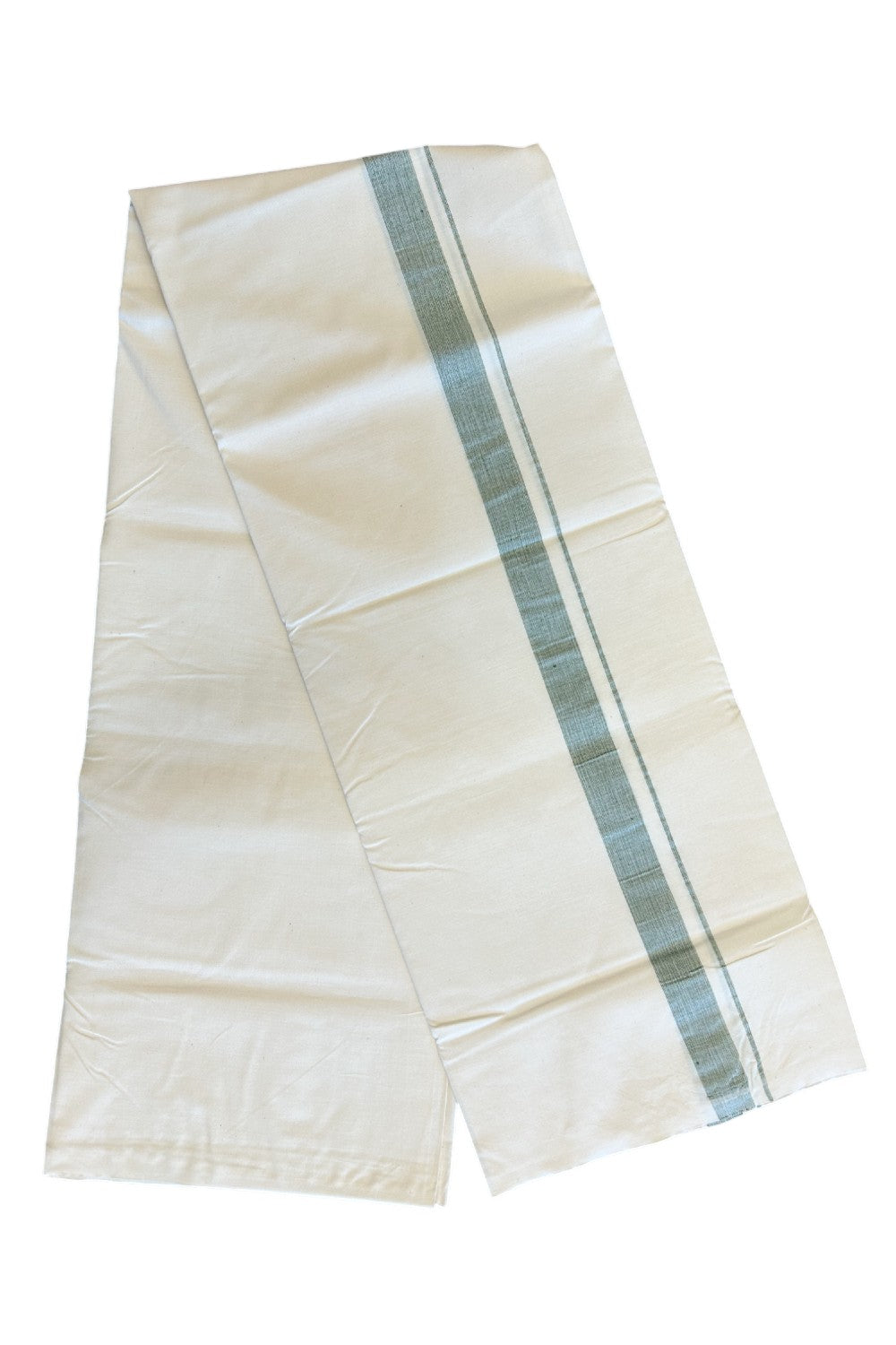 14% DISCOUNT ! KaithariKada Balaramapuram 100% COTTON SINGLE OFF WHITE Mundu/Dhoti-Twisted 100s Thread- 1.5 inch Shaded Green Kara- 1KK5019ASH