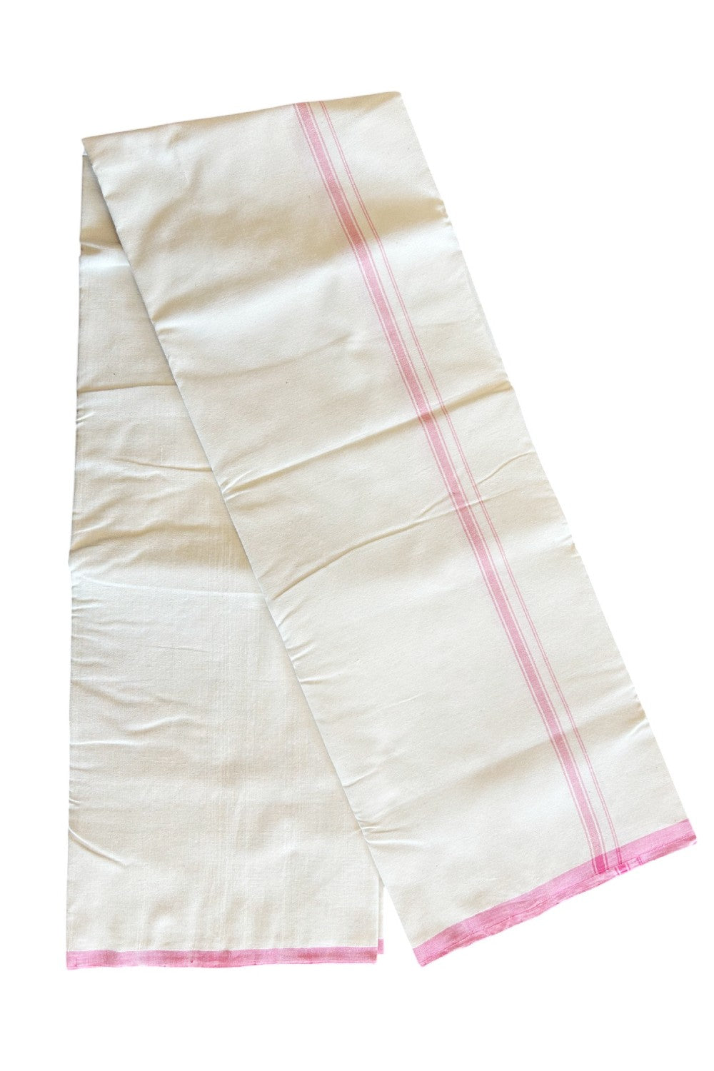 SIGNATURE KAITHARIKADA EXCLUSIVE SINGLE DHOTI - 100% Cotton Balaramapuram HANDLOOM Single Mundu/Dhoti - Off White - (Unbleached) 0.75inch Pink Striped Kara- 1KK5026KAI