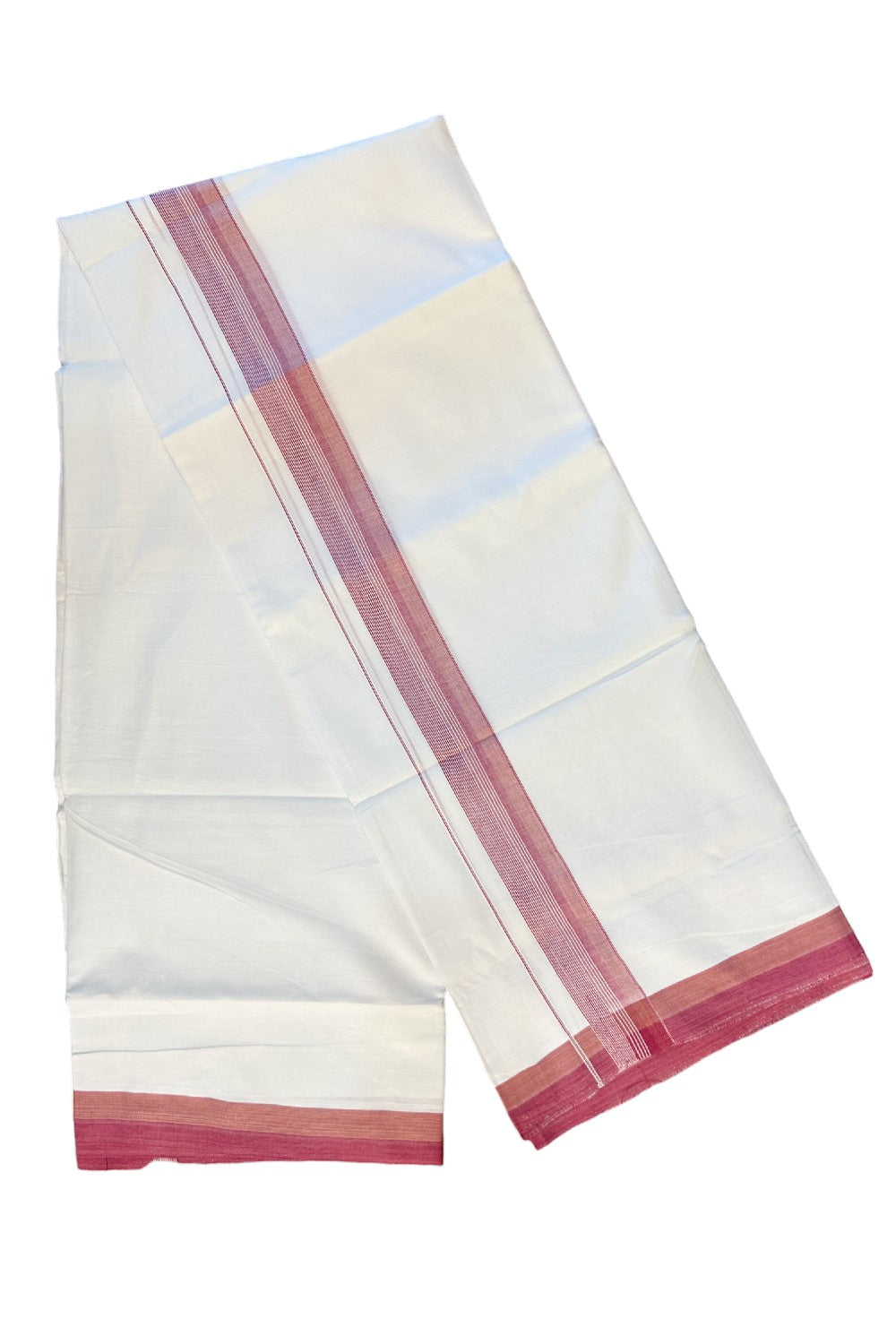 21% DISCOUNT!! Kaitharikada Balaramapuram 100% Cotton Ultra WHITE Double Mundu/Dothi-100x80  2.25 Inch PINK & WHITE STRIPED Cotton Kara -1KK63VAS.