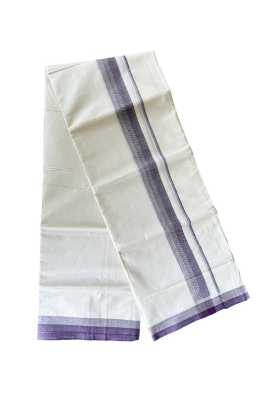 19% DISCOUNT ! KaithariKada Balaramapuram 100%  Cotton off white Double  Mundu/Dhoti - 100X100  Purple shaded kara with  centre stripes - 13KK81VIN