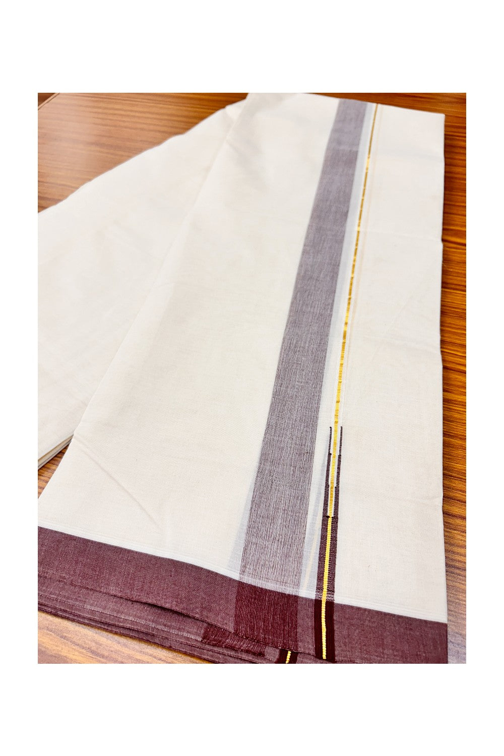 10% DISCOUNT ! KaithariKada Balaramapuram 100% Cotton Double Off white Mundu/Dhoti-100X100-   Kasavu & LIGHT  2.inch MAROON CHUTTY  Kara.-1.