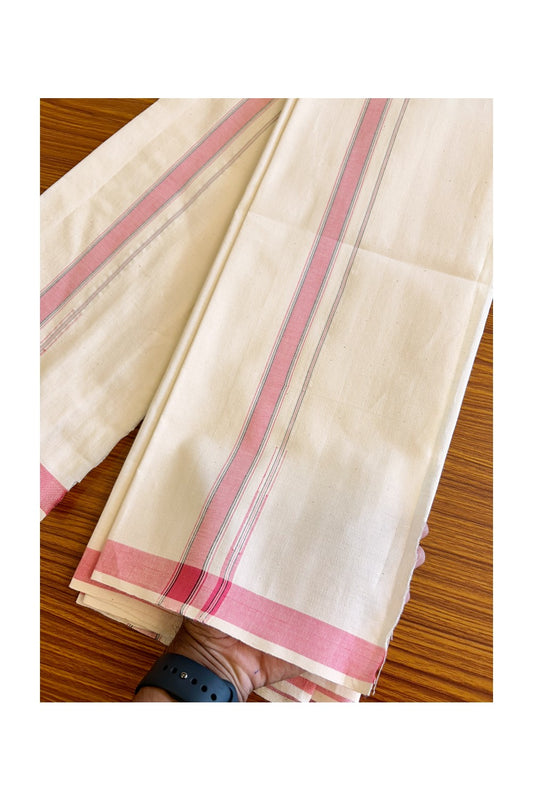 32% Discount ! KaithariKada 100% Cotton Balaramapuram HANDLOOM Single Mundu/Dhoti - Off White (Unbleached) 3.cm Pink & Black Stripes Puliyilakkara- 1KK27KAI