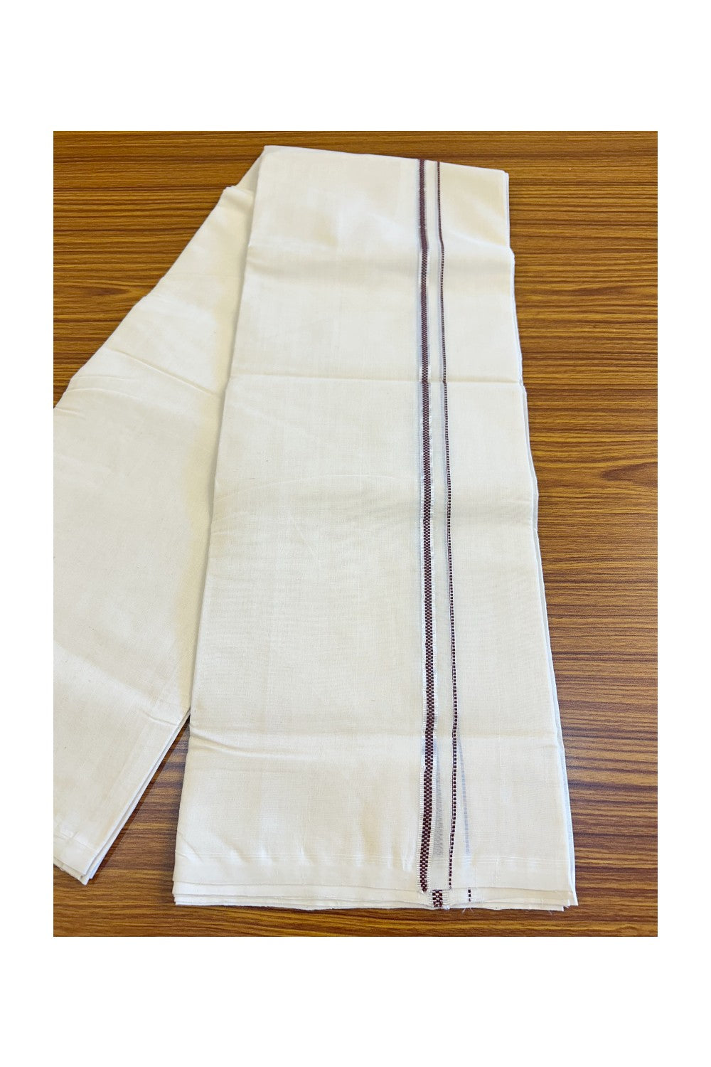 22% DISCOUNT!! KaithariKada HANDLOOM UNAKKUPAAV Balaramapuram - 100% PURE Cotton OFF White (Unbleached) Double Mundu/Dothi -  Muthukuri Brown & Silver Kasavu kara 3.70m- 1KK410SOM