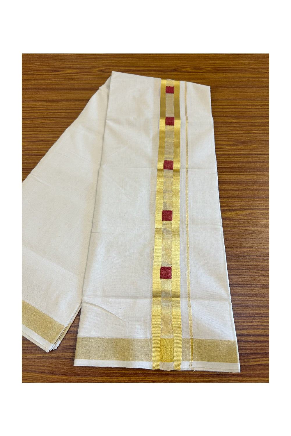 15% Discount!!! KaithariKada HANDLOOM UNAKKUPAAV Balaramapuram - 100% PURE Cotton off white Double Mundu/Dhoti - 2.5 inch Kasavu with centre tissue &  Red sqaure designed kara - 1KK415SOM