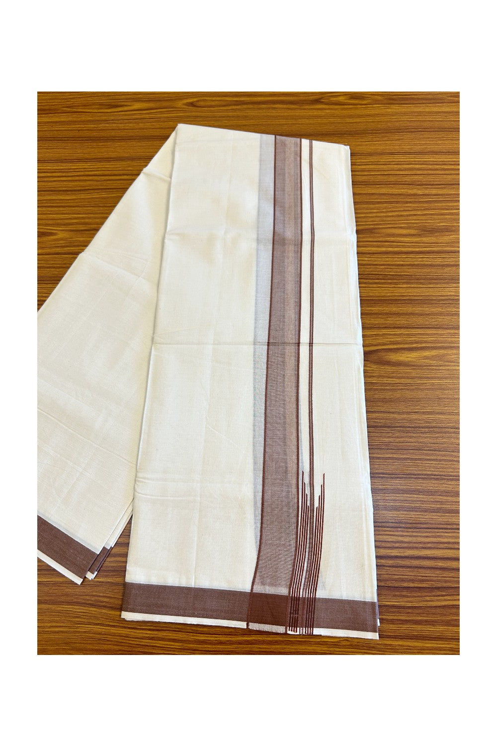 ONAM OFFER 22%! KaithariKada Exclusive 100% PREMIUM Cotton OFF WHITE (Unbleached) Double Dhoti/Mundu- Cotton Brown Kara Printed Striped Chutty - 1KK426MC