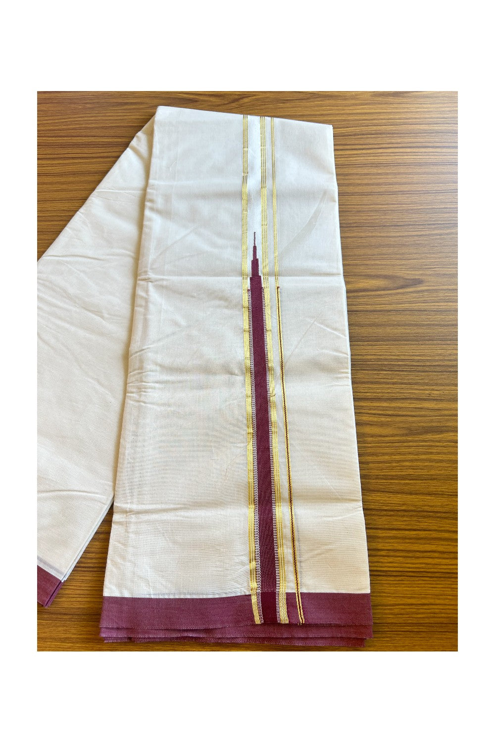 25% Discount !!KaithariKada Balaramapuram 100% Cotton off white (Unbleached) Double Mundu/Dhoti-100x100 1.75 inch Heavy Chutty  Kasavu & Wine Red kara - 1KK429ASH