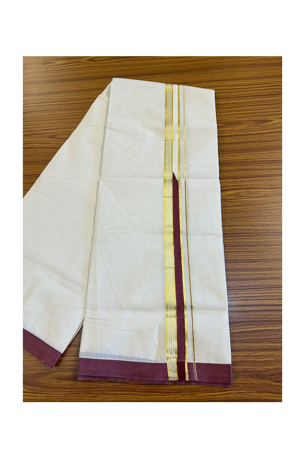 15% DISCOUNT! KaithariKada Balaramapuram 100% Cotton Double Off white (Unbleached) Mundu/Dhoti-100x100 2 inch Chutty Heavy Designer Vine Red & Kasavu Kara-. 1KK446ASH