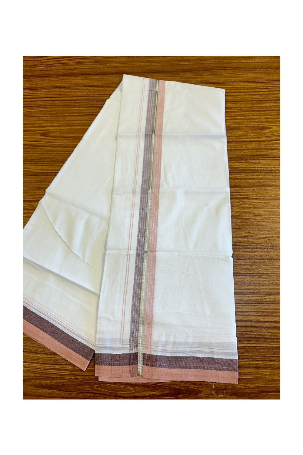 28% DISCOUNT!!! KaithariKada Balaramapuram 100% Cotton PURE white Double Mundu/Dhoti-100x90   2 Inch Silver kasavu Peach & Purple shaded stripes kara  - 1KK448VIN