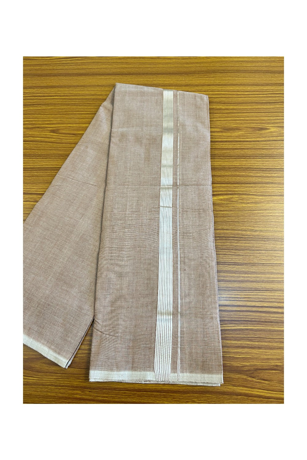 15% Discount! KaithariKada Handloom 100% Cotton Double Mundu/Dhoti - Brown Colour Body & Silver Striped 1.5inch Kara 3.80 mtr - 1KK452SOM